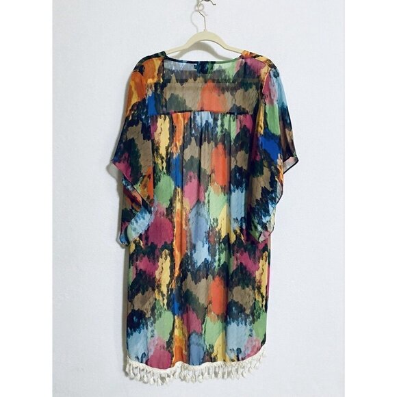 Judith March Womens Medium Kimono Top Fringe Trim Watercolor Print Sheer Boho - Picture 5 of 8